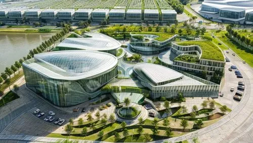 iconic organic cultural center with green gardens on contour land behind river and organic green landscape ,autostadt wolfsburg,hongdan center,tianjin,gardens by the bay,futuristic architecture,futuri