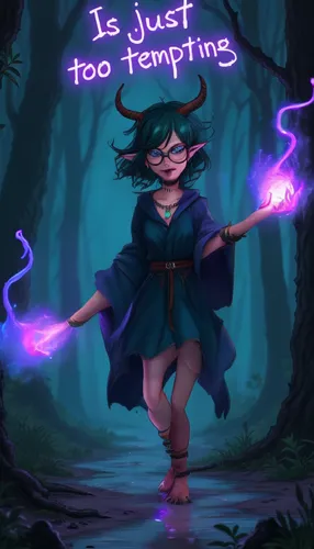 An evil girl walks with glowing purple magic while splashing purple puddles below.,a female witch with a pink hair in the middle of the forest,fae,spellcasting,necromancer,witching,kanaya,moonstuck