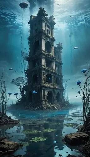 underwater landscape,underwater playground,sunken church,underwater oasis,sunken ship,house of the sea,ocean underwater,underwater background,seasteading,undersea,ocean floor,atlantis,submerged,atlantica,aquarium,abandoned place,cube sea,underwater world,midwater,waterworld,Conceptual Art,Fantasy,Fantasy 33