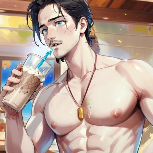 Avan Jogia ,shirtless,sweaty, drinking frappucino with straw,the shirtless man drinking from a glass while wearing an electronic device,frappuccino,bigby,frappuccinos,coffee background,majima,iced lat