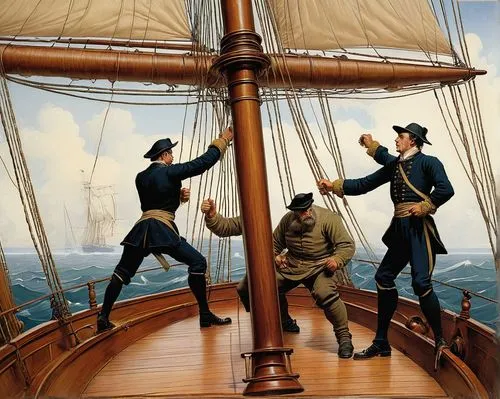 3 men sparring onboard a sailing ship,commandeer,seamanship,three masted,three masted sailing ship,merchantmen,training ship,inflation of sail,portuguese galley,sailors,merchantman,windjammer,barquent