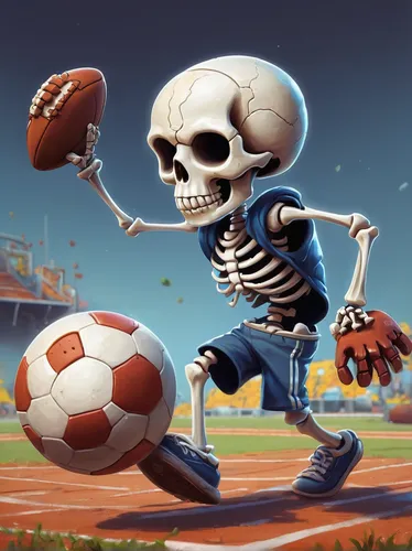 Paint a cute and clumsy cartoon skeleton trying to play sports.,skull racing,skeleltt,vintage skeleton,gridiron football,football player,day of the dead skeleton,sprint football,international rules fo