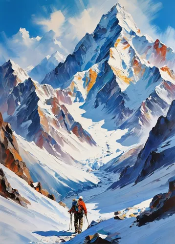 alpine crossing,mountain scene,high alps,bernese alps,snow mountains,breithorn,mont blanc,snowy peaks,snow mountain,himalayan,himalayas,himalaya,snowy mountains,mountains,mountain landscape,everest region,monte rosa,ortler winter,mount everest,snow landscape,Conceptual Art,Oil color,Oil Color 10