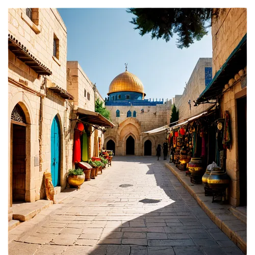 Jerusalem cityscape, ancient architecture, dome-shaped buildings, golden domes, intricately carved stone walls, narrow cobblestone streets, vibrant market stalls, colorful textiles, lanterns hanging f