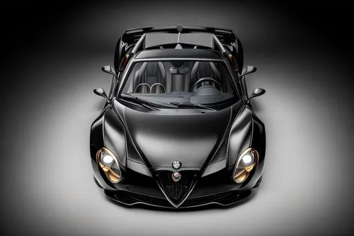 RAW. Right Side view. Low Angel view. Alfa Romeo sports car, in Gucci style, speedster, geometric, black and gold background, studio shot, detailed and hyperrealistic, shiny, dark angry 3d style, dark