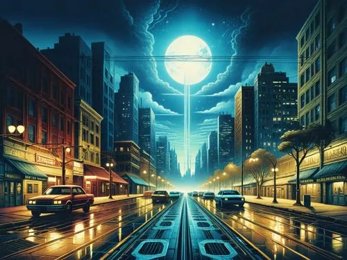 the cityscape has an image of a street at night,cybercity,cybertown,tron,sci fiction illustration,cyberworld,electronico,Illustration,Realistic Fantasy,Realistic Fantasy 25