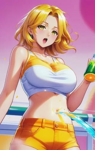 肚脐眼喷出果汁，吃惊的表情,summer background,michiru,candy island girl,marguerita,julietta,mari,windjammers,lemon background,parodius,songkran,cindy,pongsona,summer icons,orangina,game illustration,millia,karin,bi