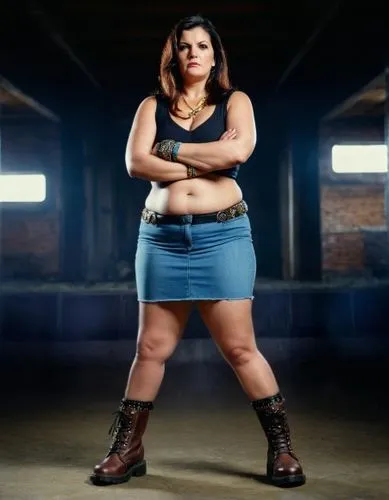 45-year-old overweight woman, serious expression, doc Martin boots, bangles, and bracelets,a beautiful woman posing with her arms crossed,gabourey,strongwoman,vickie,jenniffer,hard woman,guarnaschelli