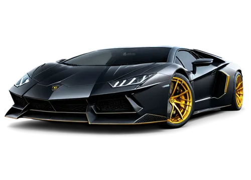 Lamborghini SVJ, supercar, sleek design, matte black body, golden wheels, aggressive stance, low angle shot, 3/4 composition, dramatic lighting, high contrast, vibrant colors, detailed carbon fiber te