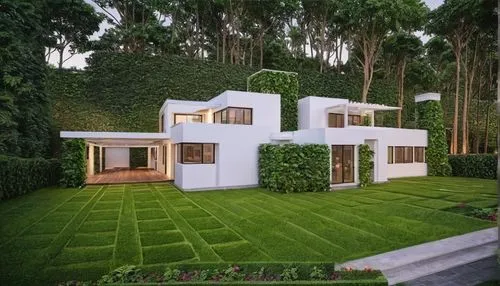 residencia rustica
colores naturales
rodeada de arboles.+ vidrio + vegetación
hierro aluminio
jardinería vertical
plantas flores + bosque
,a house that is in the middle of some grass,landscaped,green 