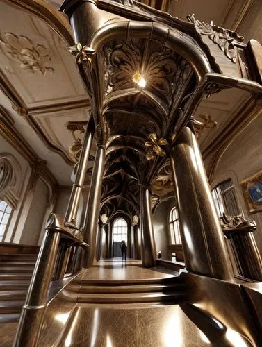 winding staircase,tubular bell,gold lacquer,tuba,staircase,spiral staircase,pipe organ,steel stairs,boilermaker,elevators,gold paint stroke,brass,altar bell,elevator,chamber,brewery,art nouveau,art nouveau design,the boiler room,circular staircase