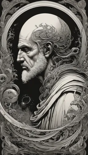 king lear,asclepius,archimedes,bernini,michelangelo,zeus,poseidon,saint peter,poseidon god face,julius,the death of socrates,lampides,rapini,moses,ulysses,neptune,lokportrait,emperor,socrates,emperor snake,Illustration,Black and White,Black and White 01