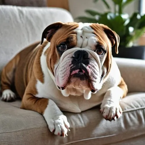 A Brown and White English Bulldog sat contently on a white sofa. Radiant,  Happy, Joyful,  Lovely. ,dwarf bulldog,english bulldog,continental bulldog,bulldog,peanut bulldog,bulldogs,french bulldog,bul