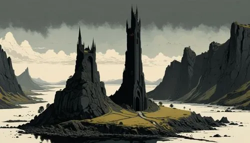 minarets,futuristic landscape,post-apocalyptic landscape,swampy landscape,stone towers,karst landscape,megaliths,ghost forest,imperial shores,towers,volcanic landscape,mountain plateau,old earth,fantasy landscape,barren,mountain settlement,lunar landscape,spire,ancient city,turrets,Illustration,Japanese style,Japanese Style 08