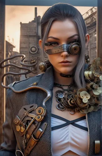 Warpunk styling. ,steampunk,aviator sunglass,aviator,steampunk gears,librarian,harley,digital compositing,girl with gun,portrait background,streampunk,spy visual,fashion vector,vendor,cyber glasses,fa