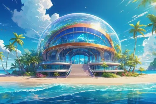 tropical house,oceanica,ocean paradise,aqua studio,paradisus,diamond lagoon,tropical island,underwater oasis,umbrella beach,delight island,bahamonde,oceana,oceanair,seaside resort,futuristic landscape,dream beach,beach resort,yamatai,seafort,oceanian,Illustration,Japanese style,Japanese Style 03