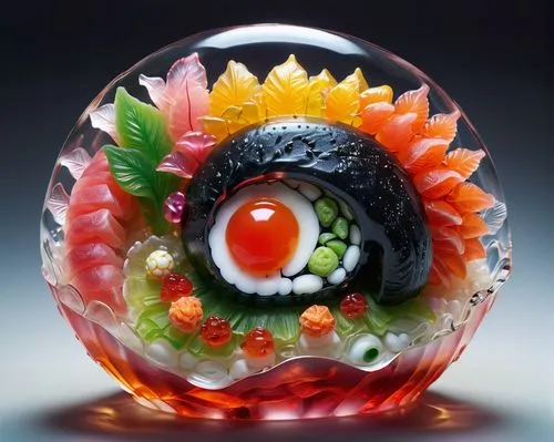 fantastic 3d sculpture made of jelly, intricate gummy sushi, displayed under soft lighting, gelatinous, elegant, intricately beautiful, ethereal inner glow, high intricate detailing, translucent, high