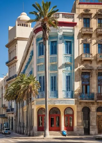 Colonial-style building, Uruguay, Montevideo city, Art Deco architecture, ornate facades, grand entrance, marble columns, stained glass windows, intricate stone carvings, wrought iron balconies, red-t