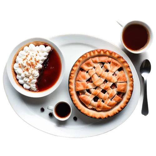 photorealistic plate with pies, jam and a cup of coffee. view from above. background is transparent.,apple pie vector,apple pie with coffee,pie vector,tourtière,sweet potato pie,linzer torte,crostata,