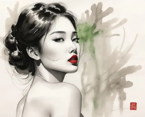 An amazing nude japanese young woman  with red lips and green eyes,a painting of a woman with red lipstick,vietnamese woman,zuoying,digital painting,xiaofei,huong,jolin,Illustration,Paper based,Paper 