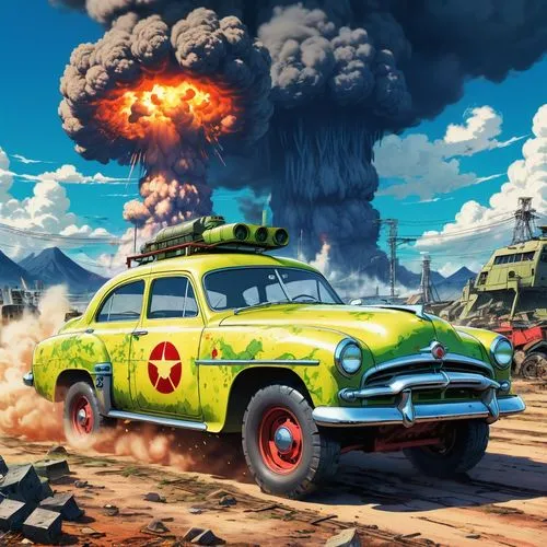 bomberos,cartoon video game background,apocalypse,atomic age,volkswagon,topolino,Illustration,Japanese style,Japanese Style 03