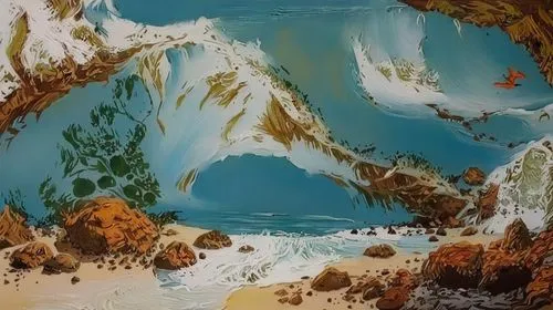 a painting of mountains, trees and water,cartoon video game background,virtual landscape,franquin,the blue caves,underwater landscape,computer graphics,Illustration,Paper based,Paper Based 04