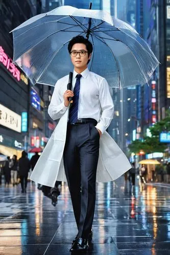 Modern Japanese architect, Tokyo cityscape, sleek black hair, glasses, business casual attire, white shirt, dark grey trousers, black leather shoes, holding blueprints, standing, urban background, sky