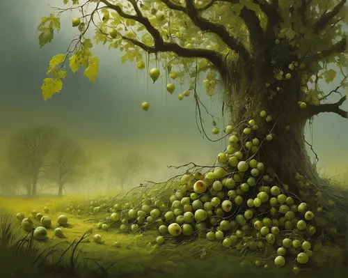 conker tree,green apples,green grapes,fruit tree,argan tree,forest fruit,apple tree,unripe grapes,apple trees,mushroom landscape,green grape,oak tree,oak seed,green apple,chestnut trees,viticulture,fruit trees,argan trees,wild apple,green tree,Illustration,Realistic Fantasy,Realistic Fantasy 16