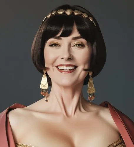 cheerful ancient caucasian goddess with bangs and short black hair dressed in expensive ancient mantle with jewelry,a woman is smiling in a pink dress,servalan,phryne,xiaoqing,dolcenera,caramon,fontey