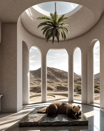 HDR UHD WHIT  BEAR,dunes house,roof landscape,dog house,concrete ceiling,vaulted ceiling,cabana,stucco ceiling,daylighting,cubic house,arches,luxury real estate,iranian architecture,futuristic archite