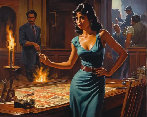 clue and white,game illustration,tabletop game,sorceress,woman playing,the conflagration,cigarette girl,golden candlestick,fire artist,smouldering torches,candlemaker,role playing game,gambler,fire-eater,saranka,priestess,barmaid,absinthe,mystery book cover,chess player,Illustration,Retro,Retro 14