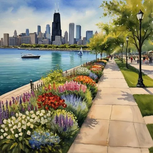 lakefront,navy pier,lakeshore,chicago skyline,northwestern,lake shore,chicago,bayfront,streeterville,flower painting,harborfront,cullerton,waterfront,landscaped,sea of flowers,spring garden,shorefront,chicagoland,waterfronts,chicagoan,Illustration,Paper based,Paper Based 24