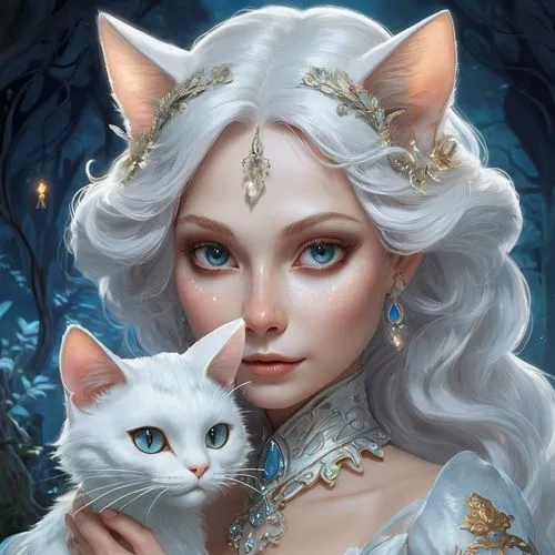 white cat,fantasy portrait,fantasy art,fantasy picture,cat with blue eyes,white rose snow queen,the snow queen,romantic portrait,custom portrait,elven,white lady,eglantine,fairy tale character,fairy tale icons,feline look,feline,elsa,kitten,the enchantress,blue eyes cat,Illustration,Realistic Fantasy,Realistic Fantasy 02