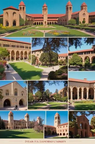 Stanford University, main quad, California mission style, Romanesque arches, sandstone walls, red-tiled roofs, sprawling lawn, sun-drenched walkways, mature trees, blooming flowers, vibrant greenery, 