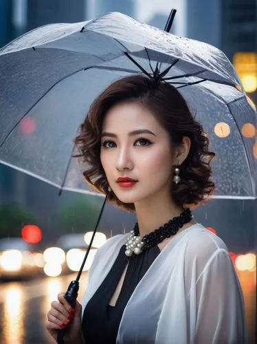 Maynze, beautiful mature lady, solo, (28yo), elegant detailed eyes, light makeup, curly brown hair, pearl necklace, white blouse, black high-waisted skirt, stockings, high heels, holding umbrella, sta