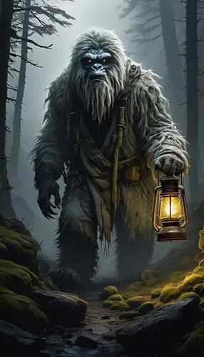 Scary Yeti, Himalayan mountain range, misty atmosphere, eerie fog, towering trees, abandoned research facility, worn-out camping gear, rusty old equipment, mysterious footprints, glowing eyes in the d