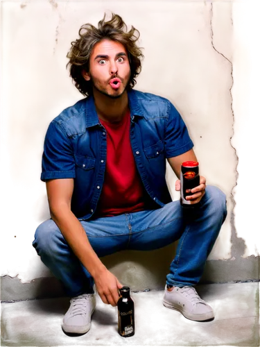 Drunk guy, funny facial expression, sloppy posture, messy hair, red nose, beer bottle in hand, casual clothing, ripped jeans, stained shirt, sneakers, leaning against wall, sitting on floor, blurry ey