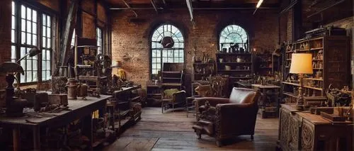 West End, architectural salvage, vintage shop, afternoon hours, dimly lit interior, old wooden shelves, distressed brick walls, industrial metal beams, rusty mechanical parts, worn leather armchair, a