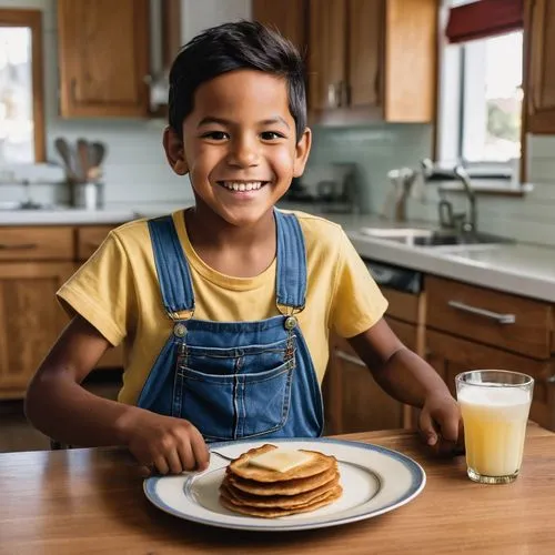 Wearing his denim overalls, a young and gleeful, dark brown skin Native American boy sitting at the kitchen table as he is about to eat the plate of fried bread in front of him. He is happy and gratef