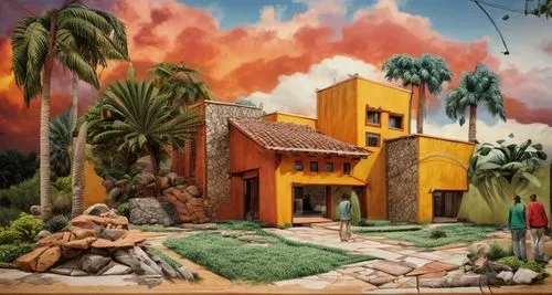 EL EXTERIOR DE UNA CASA CON ESTILO MEXCANO MODERNO, USO DE COLORES VIBRANTES, MATERIALES REFIONALES, TEJA, VIGAS DE MADERA, EN UN AMBIENTE EXUBERANTE, ESTANQUE DE AGUA AL FRENTE.,this is a painting wi