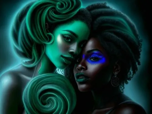 nude Beautiful nigerian girl, full dark curly hair, big green almond eyes, full black lips, misty sky,two black women with green hair and blue eye makeup,afrofuturism,afro american girls,priestesses,n