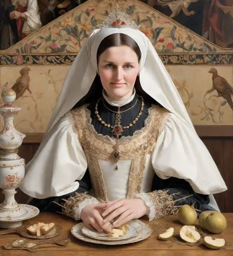 woman holding pie,maidservant,woman eating apple,girl with bread-and-butter,clergywoman,miniaturist,postulant,portrait of christi,noblewoman,woman with ice-cream,herodias,dorota,tudor,piroska,lehzen,scholastica,noblewomen,portrait of a woman,dinnerstein,scotswoman,Digital Art,Impressionism