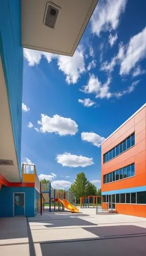 Elementary school architecture, modern geometric building design, colorful exterior walls, circular windows, triangular roof, straight lines, minimalist entrance, rectangular classrooms, large courtya