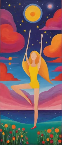 ball (rhythmic gymnastics),cosmos field,falling star,hoop (rhythmic gymnastics),sea beach-marigold,flying dandelions,surya namaste,astral traveler,dreamland,dance with canvases,falling flowers,virgo,cosmos,psychedelic art,falling stars,khokhloma painting,cosmos wind,fantasia,star winds,heliosphere,Art,Artistic Painting,Artistic Painting 26