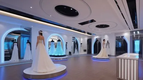 a wedding dress store with a long white display on the second floor,wedding dress train,wedding hall,bridal suite,spaceship interior,ballroom,showrooms,Photography,General,Realistic