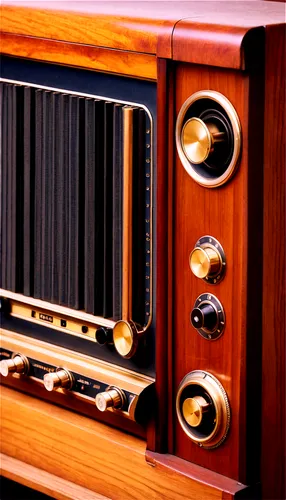 Vintage radio, retro style, wooden cabinet, curved lines, golden knobs, speaker grille, buttons and dials, soft warm lighting, shallow depth of field, cinematic composition, 3/4 view, rich wood textur