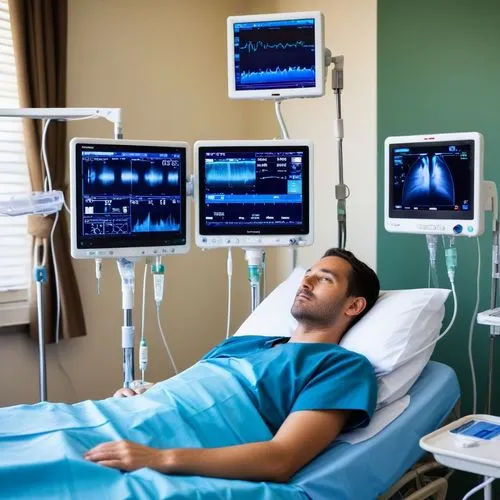 a man lying in bed with some monitors,ultrasonography,echocardiography,echocardiograms,echocardiogram,haemodialysis,hypoperfusion