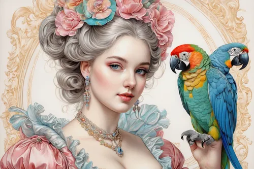 flower and bird illustration,parrot couple,parrots,floral and bird frame,rococo,victorian lady,rosella,blue parrot,blue birds and blossom,ornamental bird,bluejay,songbirds,blue parakeet,parrot,birdcage,eglantine,parakeet,passerine parrots,parakeets,beautiful parakeet,Conceptual Art,Fantasy,Fantasy 24