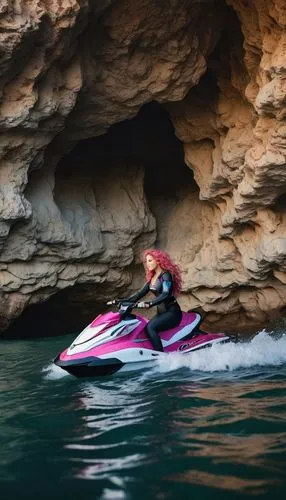 pink-hair fit woman, riding jet ski, huge chest, small waist, she has a long and curly hair, ((tight in a cave crevice)) illuminated by natural light. Shot with a Zeiss Otus 55 mm lens F/1.4, very det