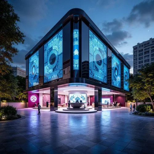 Futuristic pavilion, sleek metallic surfaces, neon-lit accents, vibrant LED lights, holographic displays, minimalist architecture, angular lines, reflective glass facades, high-tech gadgets, innovativ